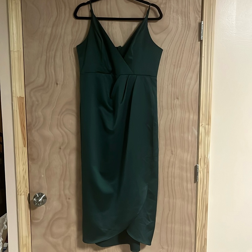 Green satin cocktail midi dress